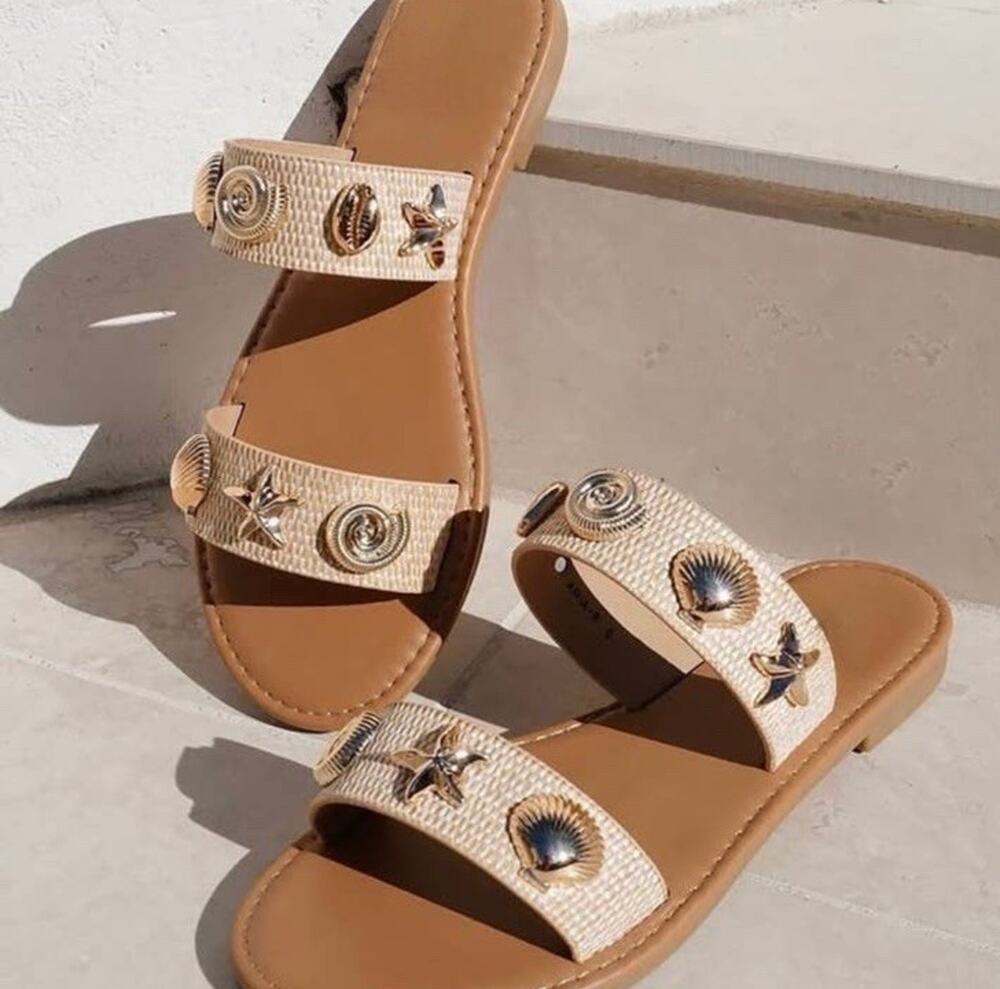 Forever Boutique Seashells Sandals Raffia Size 8 Coastal Flat Double Strap